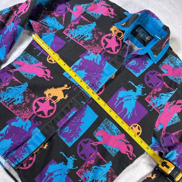 Vintage Lone Roo By Roper Western Shirt Black Purple Cowboy Geometric Print READ - Picture 10 of 16